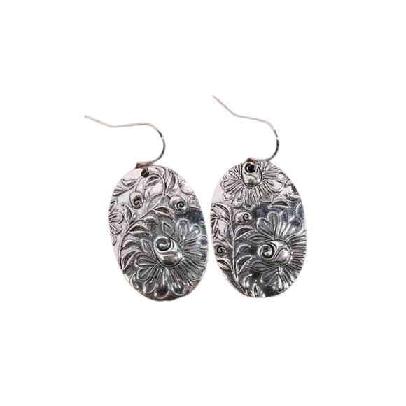 Silver Floral Embossed Oval Drop Earrings - Picture 3 of 5